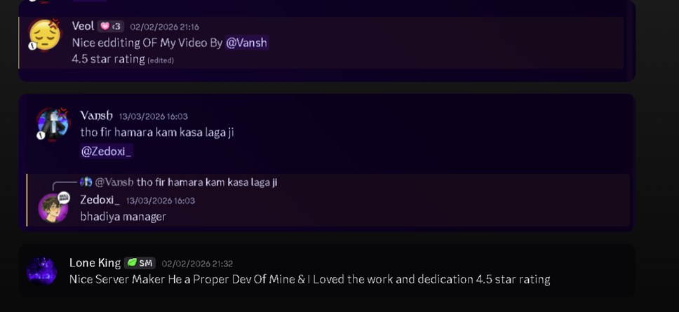 Discord screenshot of reviews from Veol, Zedoxi and Lone King praising Atvis Media editing, management and server development