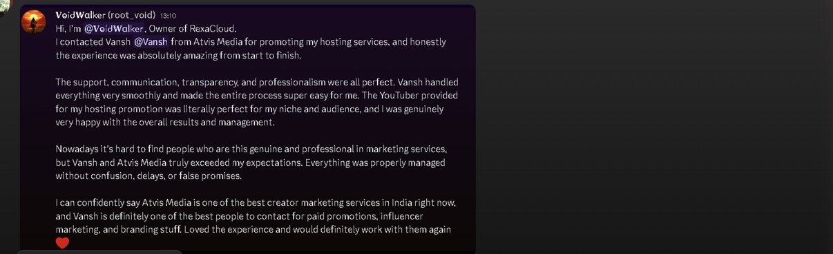 Discord screenshot of the RexaCloud owner review calling Atvis Media one of the best creator marketing services in India