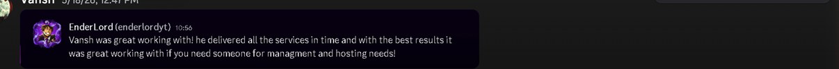 Discord screenshot of the EnderLord review saying all services were delivered in time with the best results